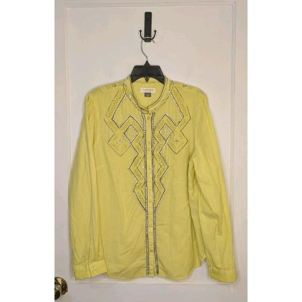 Size XL Anthropologie Pilcro Nayeli Beaded Button-down Shirt Bright Green/Yellow